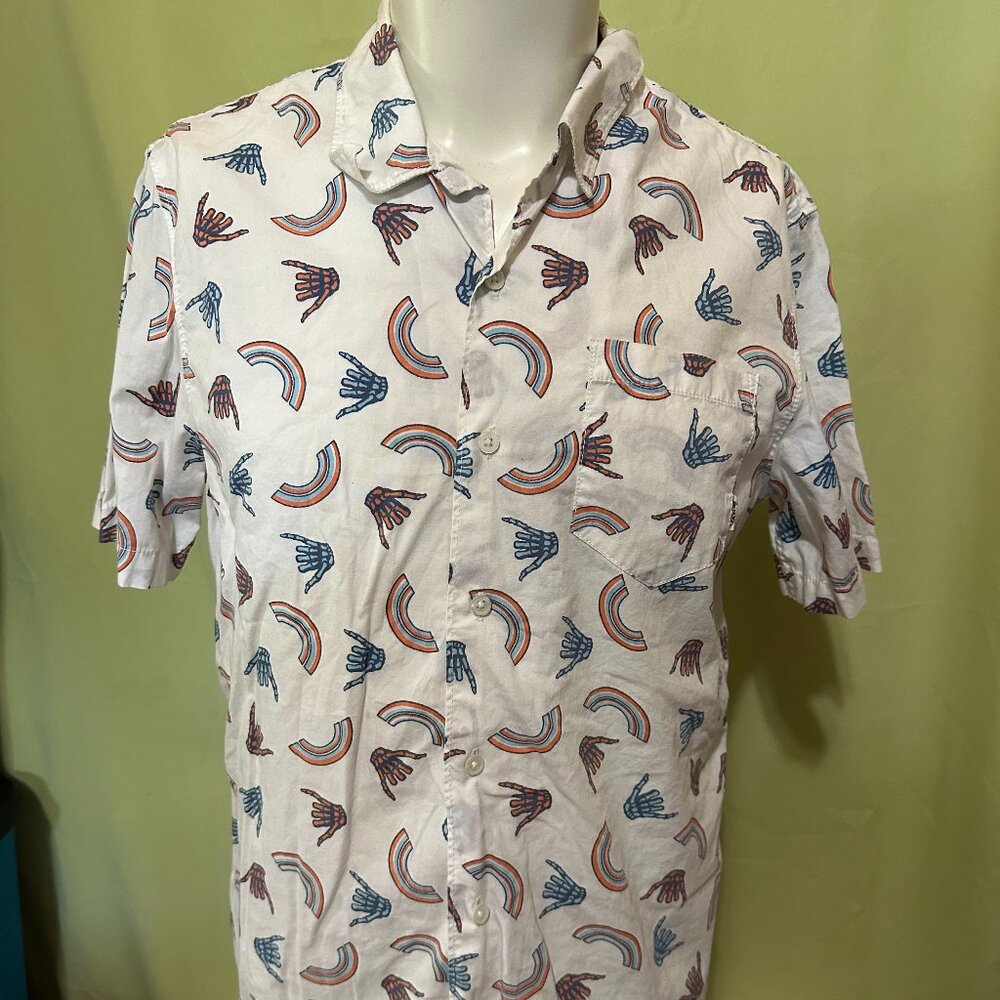 Vans Off the Wall Hang Loose Skeleton Hand Design Men's SS Button Front Shirt M